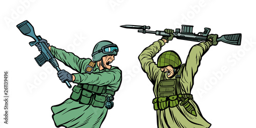 war and hatred. soldiers kill each other. isolate on white background