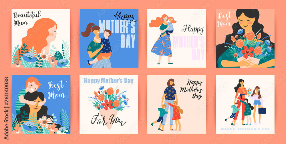 Happy Mothers Day. Vector templates with women and children.