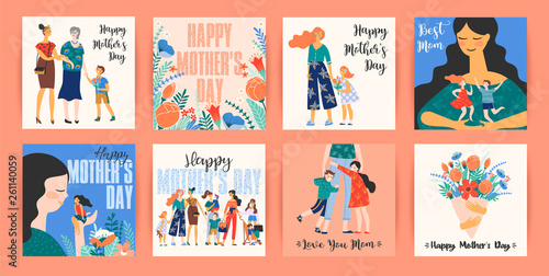 Happy Mothers Day. Vector templates with women and children.