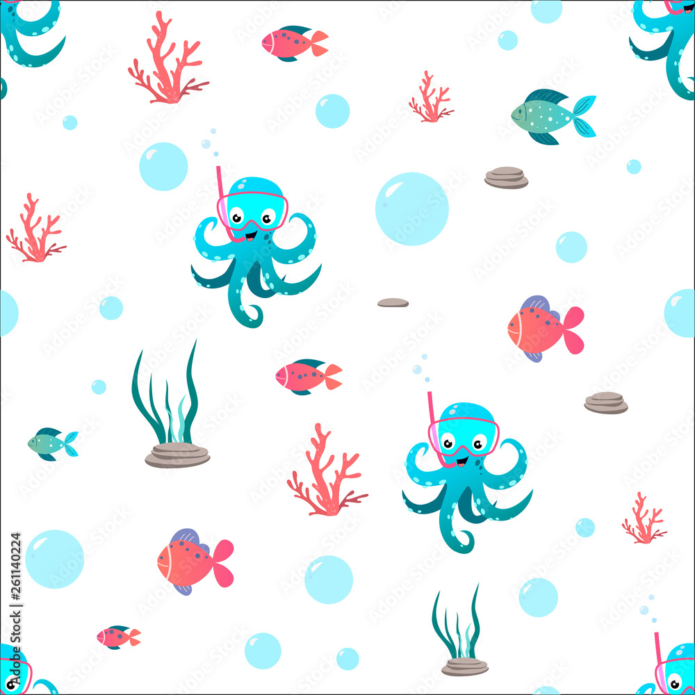 Illustration vector pattern of cute and funny octopus diver with snorkeling mask and snorkel on the white background. Fish, octopus, corals, seaweed. For kids and babies funny pattern.