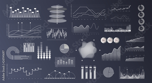 Linear Graph chart. Marketing investment isolated vector sign set. Thin line charts, modern statistics graphs and circular bar progress presentation diagram, circular progress statistic comparison bar