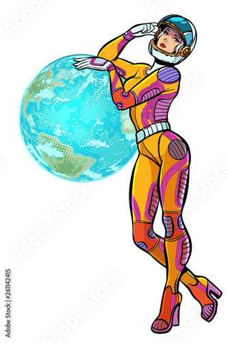 earth day. sexy beautiful woman astronaut isolate on white background