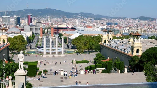 Scenic panorama of a Barcelona from a Montjuic hill. Wiev on a Placa de Josep Puig i Cadafalch, Magic Fountain of Montjuic, Avinguda de la Reina Maria Cristina and Placa de Espagna in Barcelona, Spain photo
