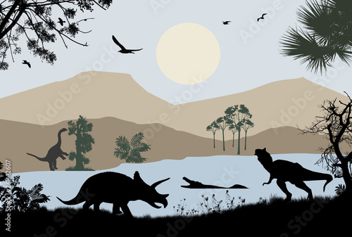 Dinosaurs silhouettes in beautiful landscape, vector illustration