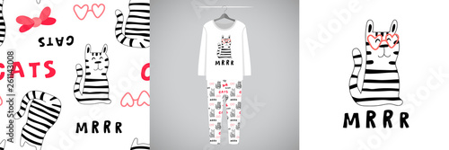 Seamless pattern and illustration for kid with cat. Cute design pajamas on hanger. Baby background for clothes, room birthday decor, t-shirt print, kids wear fashion, baby shower invitation card