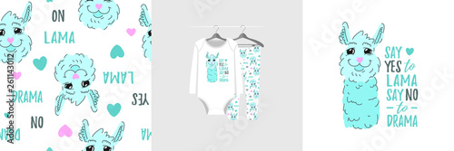 Seamless pattern and illustration for kid with lama, quote Say yes to lama. Cute design pajamas on hanger. Baby background for clothes wear fashion, room decor, t-shirt print, wrapping, baby shower