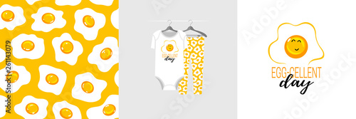 Seamless pattern and illustration for kid with fried egg, text Egg-cellent day. Cute design pajamas on hanger. Baby background for clothes wear fashion, room decor, t-shirt print, baby shower