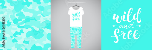 Seamless mint military pattern and illustration for kid with lettering Wild and free. Cute design pajamas on hanger. Baby background for clothes, room birthday decor, t-shirt print, kids wear fashion