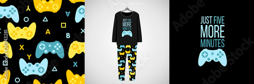 Seamless pattern and illustration for kid with game quote Just five more minutes. Cute design pajamas on hanger. Baby background for clothes, room birthday decor, t-shirt print, kids wear fashion