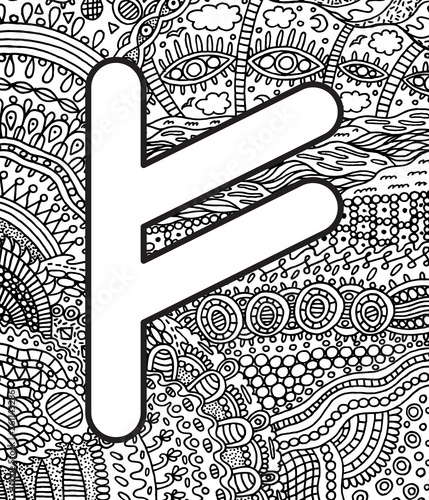 Ancient scandinavic rune fehu with doodle ornament background. Coloring page for adults. Psychedelic fantastic mystical artwork. Vector illustration photo