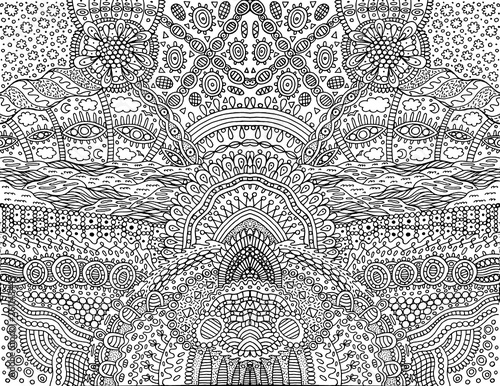Psychedelic tribal outline symmetrical background. Fantastic cartoon doodle ornament. Coloring page for adults. Vector illustration