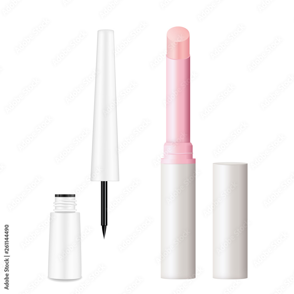 Obraz premium Lip balm, eyeliner set realistic vector illustration design.