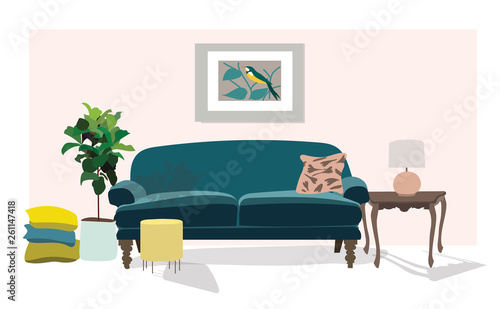 vector interior design illustration. home house decor decoration. furniture living room lounge. sofa armchair table coffee lamp cushion plant vase. modern contemporary designer trendy style. trend.  © gigirosado