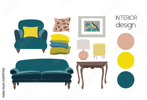 vector interior design illustration. furniture collection elements. mood board of interior design. material samples. home decor. living room design.