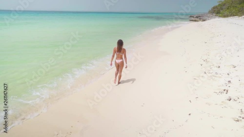 Sensuous Young Woman in Bikini Walks Along Tropical Shore Toward Horizon in Bayahibe, Dominican Republic photo