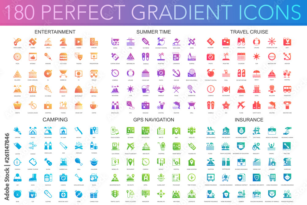 180 trendy perfect gradient icons set of entertainment, summer time, travel cruise, camping, gps navigation, insurance. 180 trendy perfect gradient icons set of entertainment, summer time, travel cruise, camping, gps navigation, insurance.