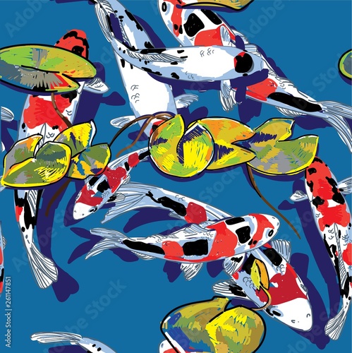 Seamless pattern with koi carps. Fish in the pond. Multi-colored carps. Stylish pattern, Japanese pattern.