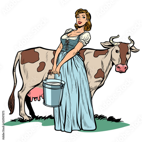 a woman milker cow bucket milk. agriculture village life