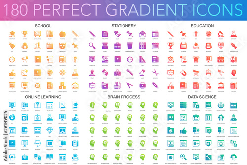 180 trendy perfect gradient icons set of school, stationery, education, online learning, brain process, data science icons.