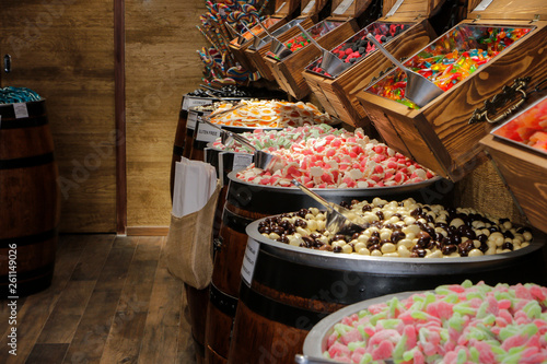 Cuadro en lienzo Sugar candy shop display with different sweets and candies