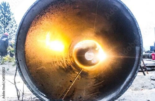 Welding seam on the pipeline. Technology of welding connections photo