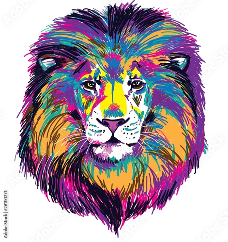 The head of a lion. Multicolored pop art pattern. Bright print.