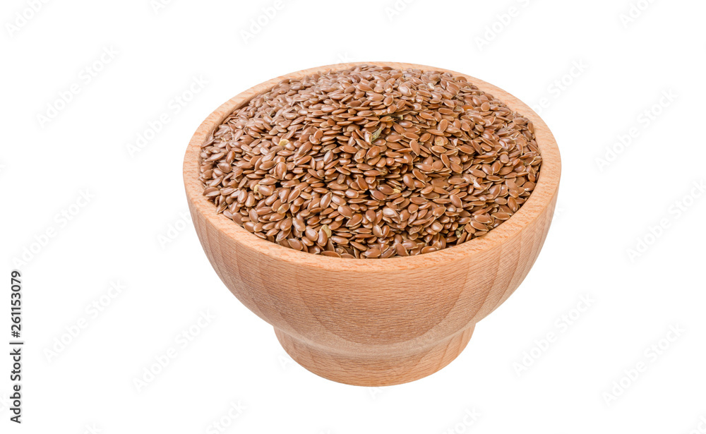 flax seed in wooden bowl isolated on white background. nutrition. food ingredient. flax seed in wooden bowl isolated on white background. nutrition. food ingredient.