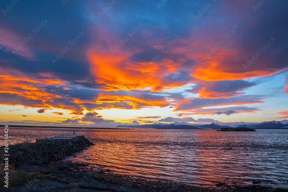 Colorful sunset above Hornafjordur in south east Iceland