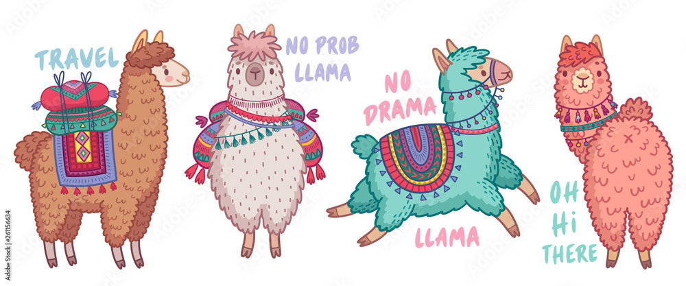Cute Lamas with funny quotes. - obrazy, fototapety, plakaty 