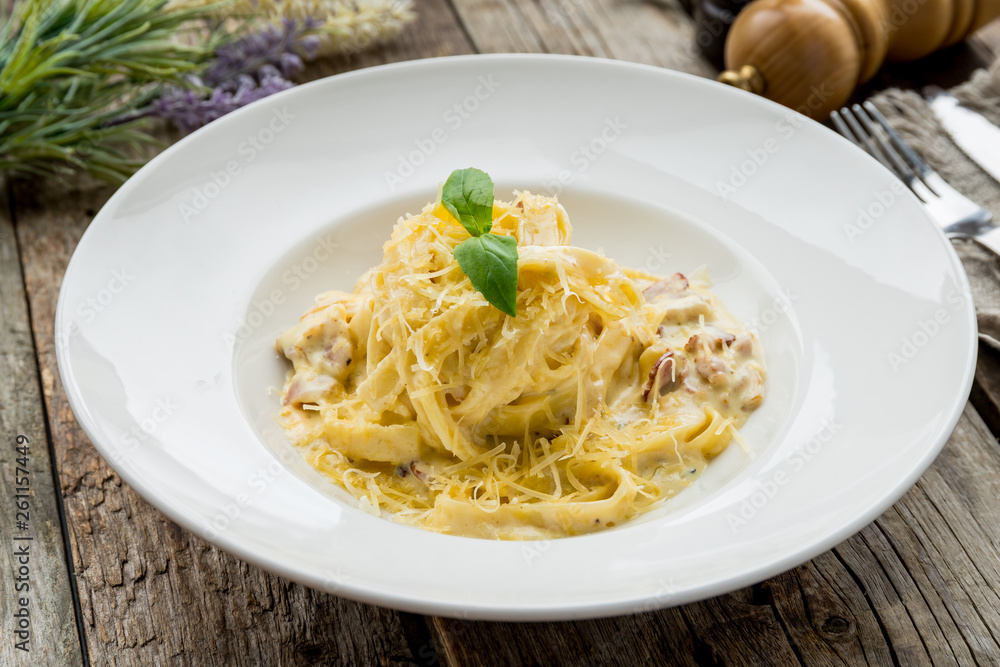 Fettuccine Carbonara on a plate Fettuccine Carbonara on a plate