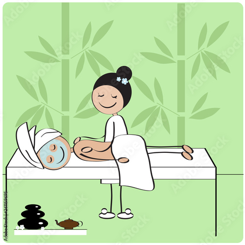 Girl makes massage to the client. Spa treatments. Vector illustration. 