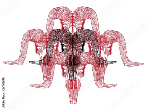 Skull of a ram. Meditation, coloring of the mandala. Ethnic. Drawing manually, templates. Strips, points, arrows. Spots of watercolor paint, spray.