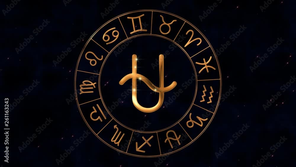 Golden zodiac horoscope spinnig wheel with Ophiuchus sign in center