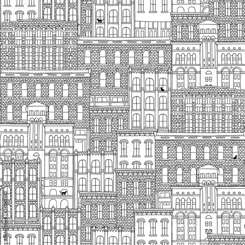 Hand drawn seamless pattern of American brick houses with cats in the windows
