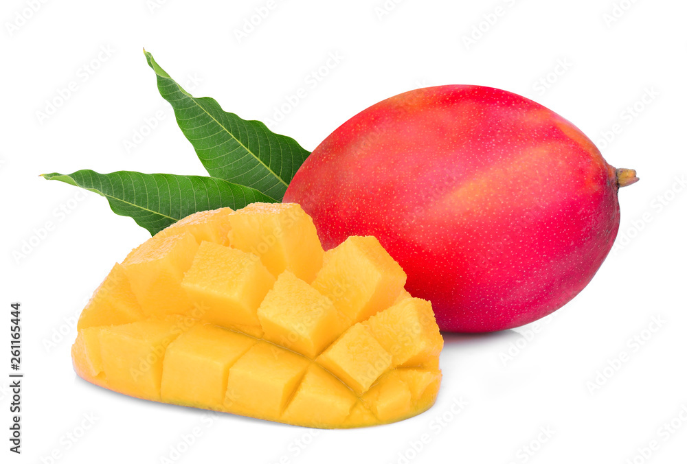whole and slice ripe mango fruit with leaves isolated on white background whole and slice ripe mango fruit with leaves isolated on white background