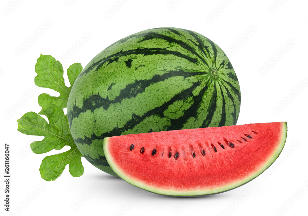 whole and slices watermelon with green leaves isolated on white background whole and slices watermelon with green leaves isolated on white background