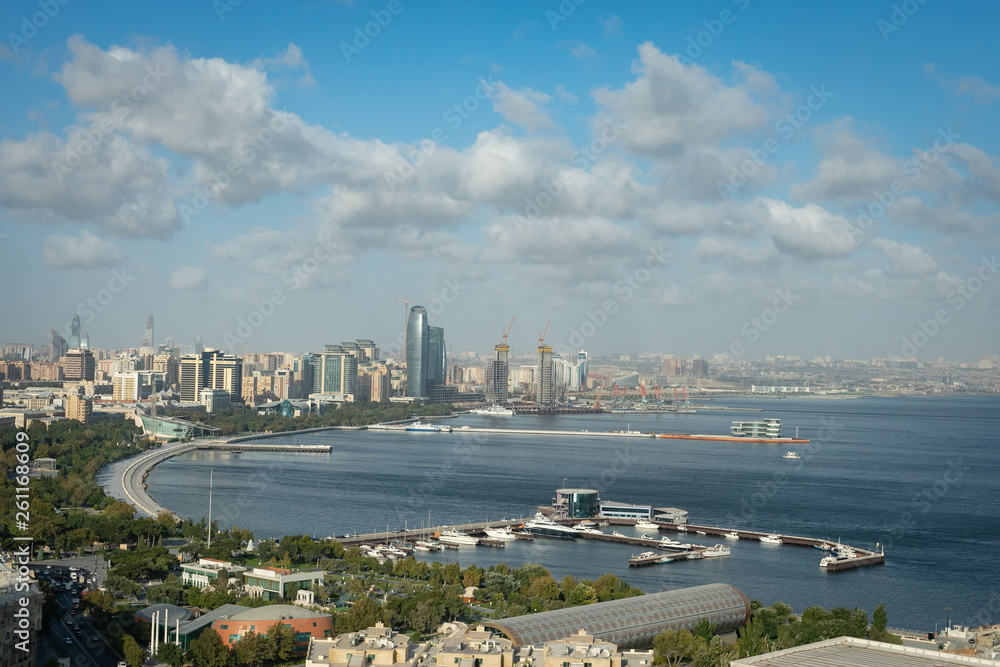 Panoramic view of the Baku quay and the Caspian sea.