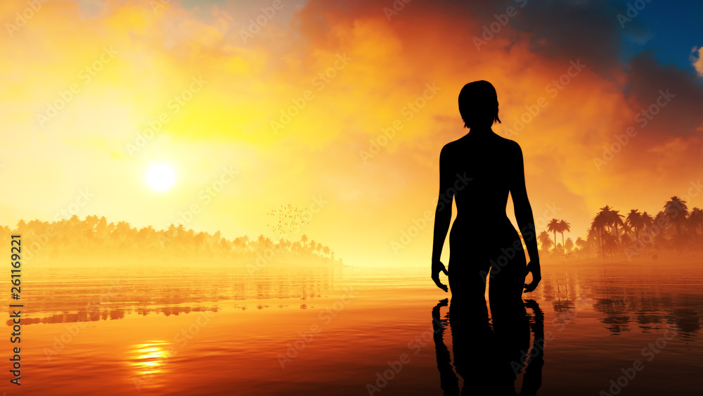 original concept art of imaginary young woman with epic fantasy landscape sunset original concept art of imaginary young woman with epic fantasy landscape sunset