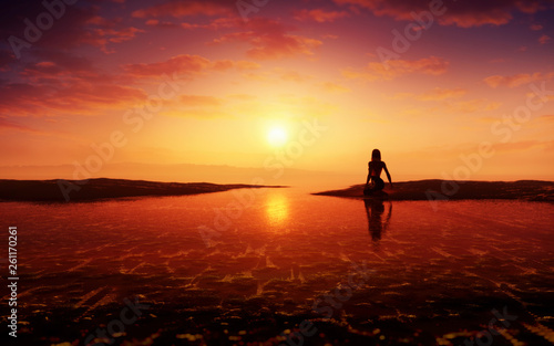 original concept art of imaginary young woman with epic fantasy landscape sunset 