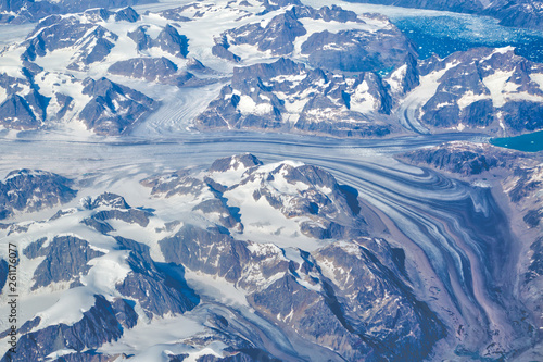 Aerial view of scenic Greenland Glaciers and icebergs