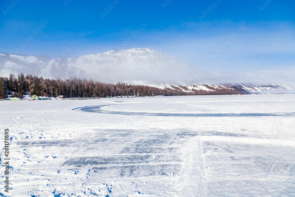 view of Kanas Lake Forest in Winter,xinjiang,china view of Kanas Lake Forest in Winter,xinjiang,china