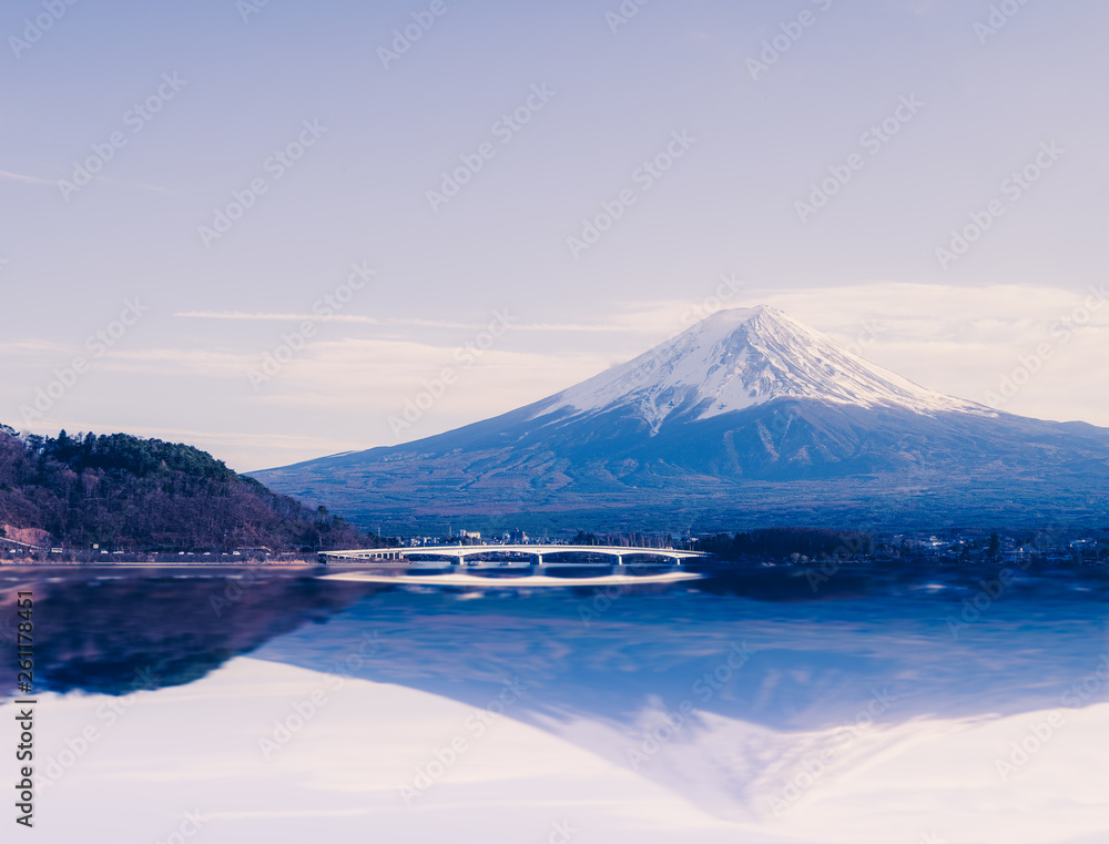 Beautiful mt.Fuji with reflection on Kawaguchiko Lake , Yamanachi , Japan