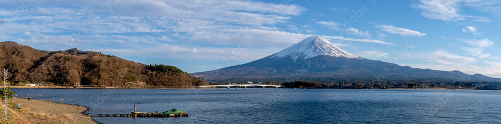 Panorama view of mt.Fuji under clear sky, View from Kawaguchiko lake , Yamanashi , Japan