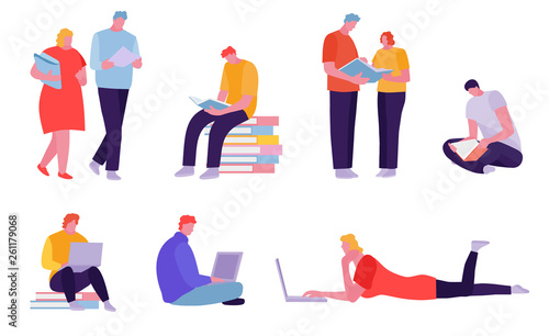 vector set of students with gadgets and books. White background. Vector illustration in a flat cartoon style