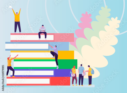 College and university students, researchers and professors studying together, education and research concept. Vector illustration in a flat cartoon style
