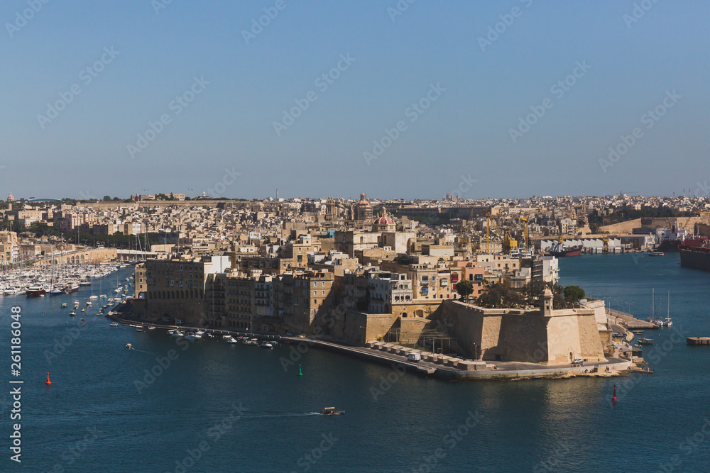 City of Senglea surrounded by water viewed from Valletta, Malta