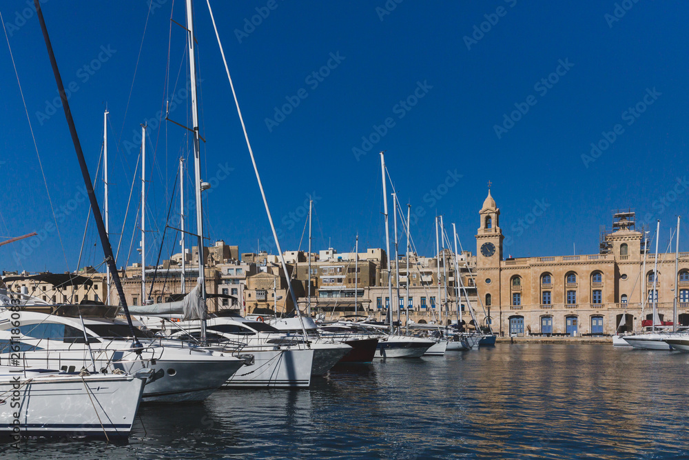Harbor and buildings of the city of Birgu, Malta