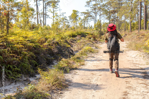 Wallpaper Mural Woman traveler with backpack holding hat alone on dirt road at tropical forest. Female photographer outdoors in nature. Travel holiday relaxation conceptt, space for text, Torontodigital.ca