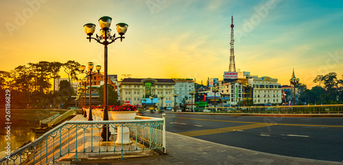 Sunrise over Xuan Huong Lake, Dalat, Vietnam. Panorama