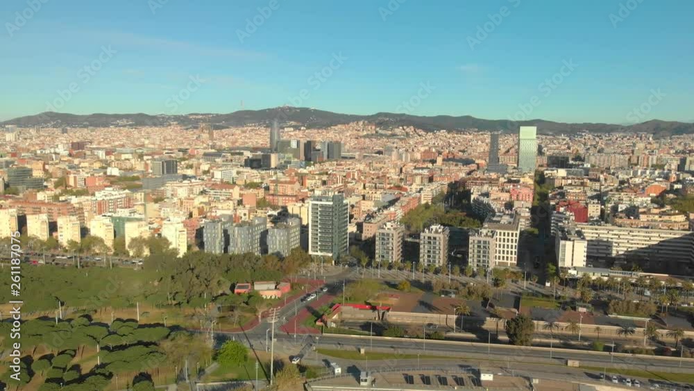 Aerial view of Barcelona from the beach, in the spring in the morning. Aerial view of Barcelona from the beach, in the spring in the morning.